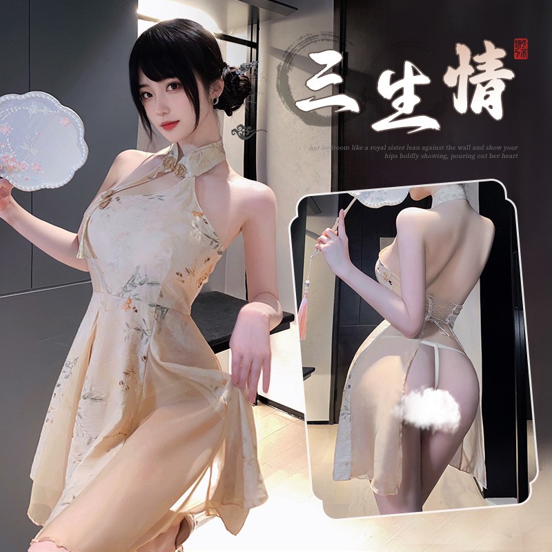 新中式A字露臀印花旗袍6246情趣内衣性感裸背古风制服成人情趣内衣