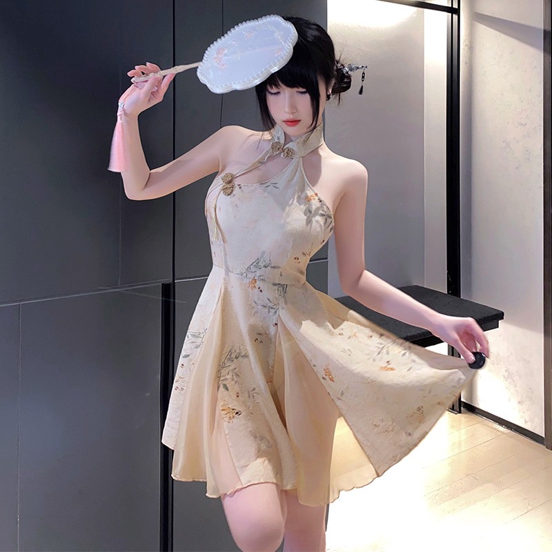 新中式A字露臀印花旗袍6246情趣内衣性感裸背古风制服成人情趣内衣