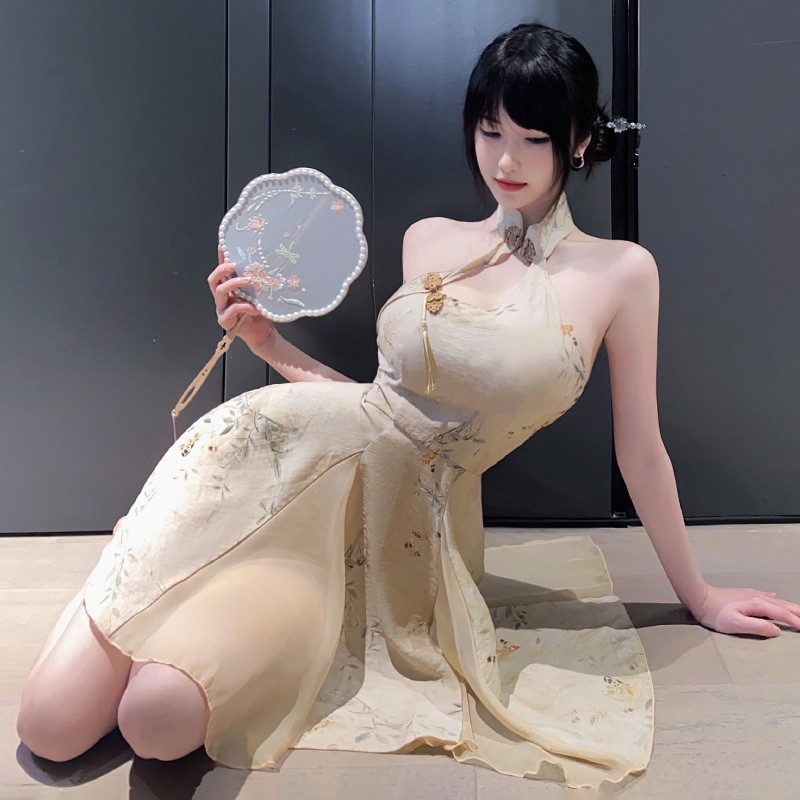 新中式A字露臀印花旗袍6246情趣内衣性感裸背古风制服成人情趣内衣