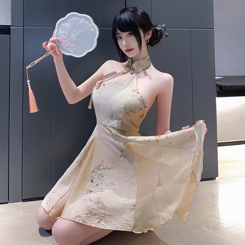 新中式A字露臀印花旗袍6246情趣内衣性感裸背古风制服成人情趣内衣